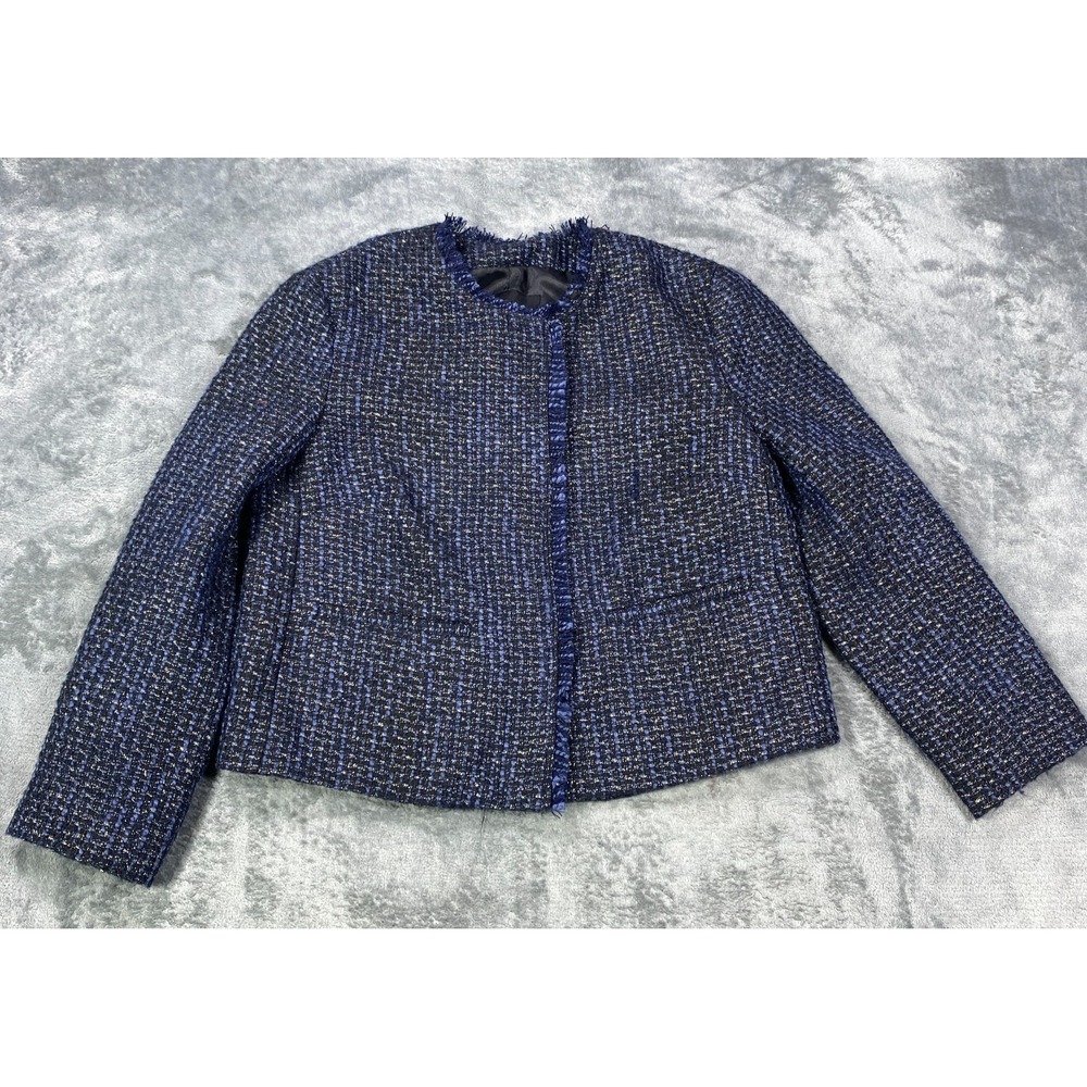 Banana Republic Tweed Jacket Womens Size 2 Blue Raw Trim Blazer Acrylic Textured